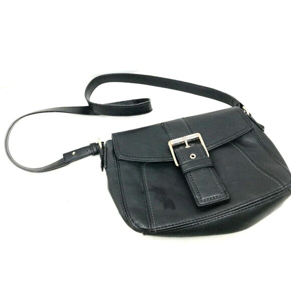 Liz Claiborne Handbags - LIZ CLAIBORNE Black Faux Leather Crossbody Bag w Large Front Buckle